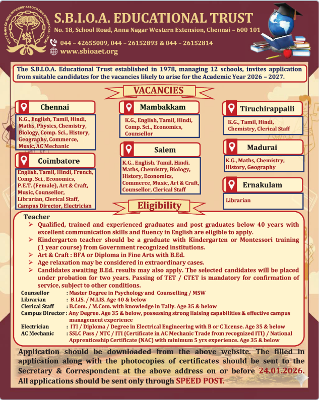 SBIOA Educational Trust Chennai Recruitment 2026