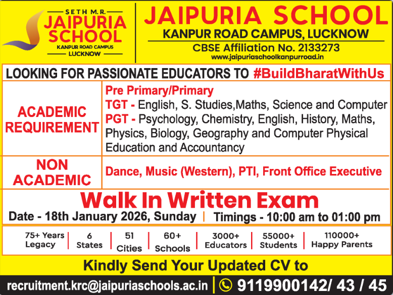 Jaipuria School Kanpur Road Lucknow Recruitment 2026