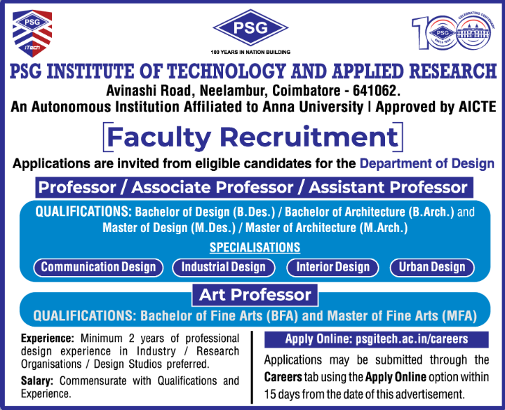 PSG Institute of Technology Coimbatore Recruitment 2026