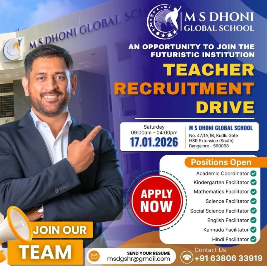 MS Dhoni Global School Bangalore Recruitment 2026