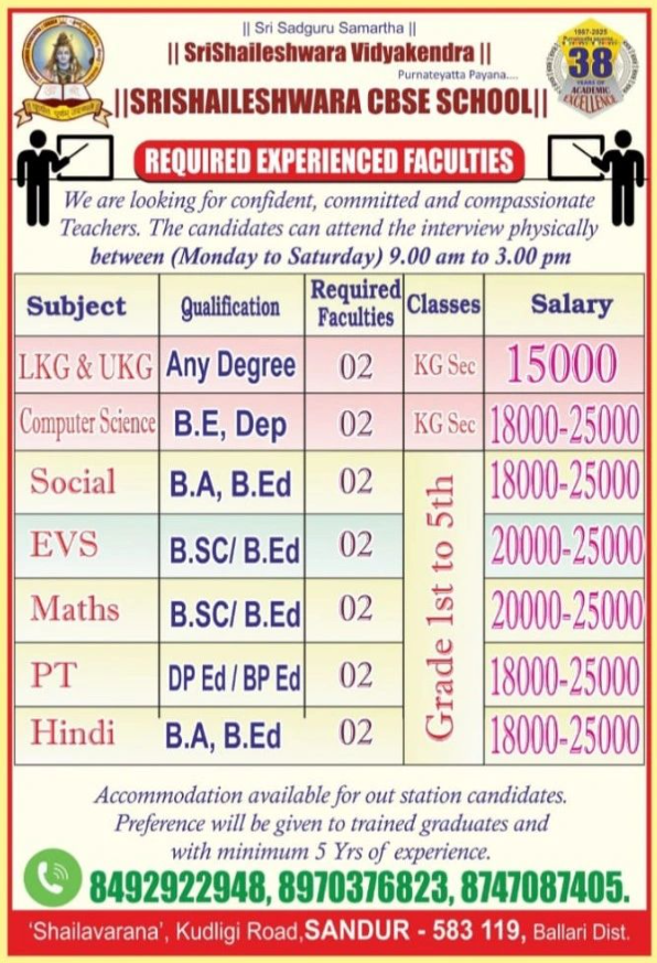 Sri Shaileshwara CBSE School Sandur Recruitment 2026