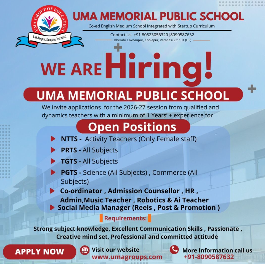 UMA Memorial Public School Varanasi Recruitment 2026