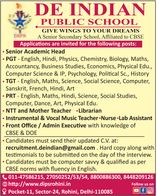 DE Indian Public School Rohini Recruitment 2026