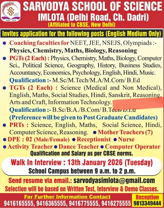 Sarvodaya School of Science Imlota Recruitment 2026