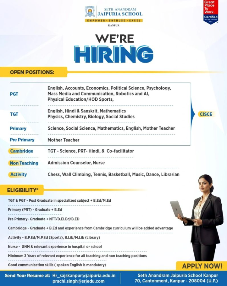 Seth Anandram Jaipuria School Kanpur Recruitment 2026