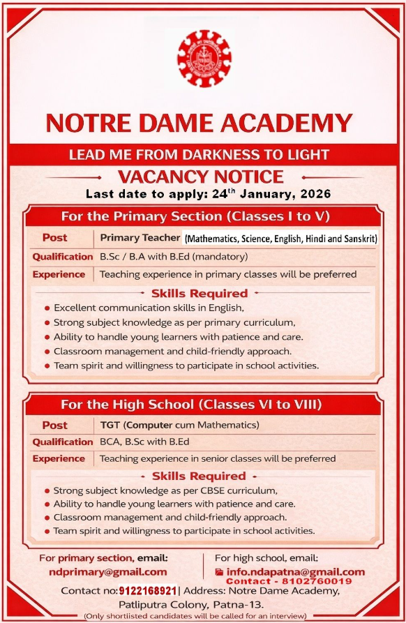 Notre Dame Academy Recruitment 2026