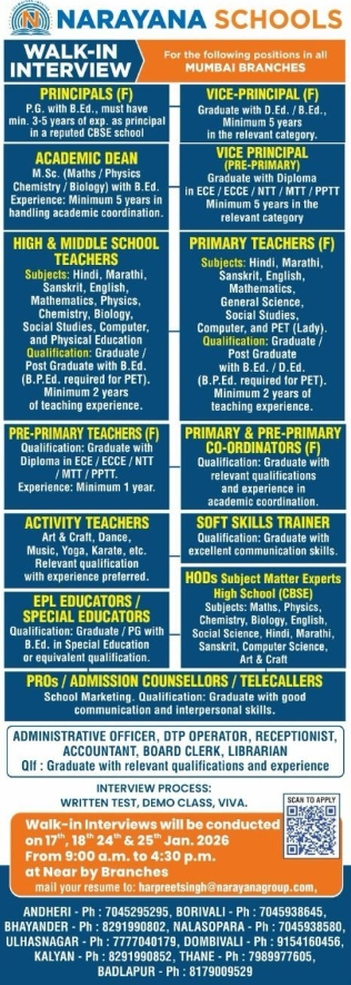 Narayana Schools Mumbai Recruitment 2026