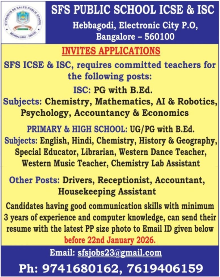 SFS Public School ICSE ISC Faculty Recruitment 2026