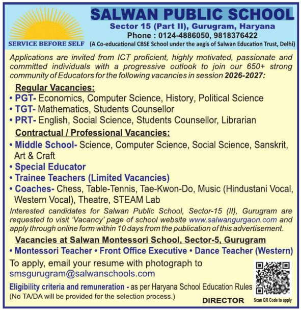 Salwan Public School Gurugram Recruitment 2026