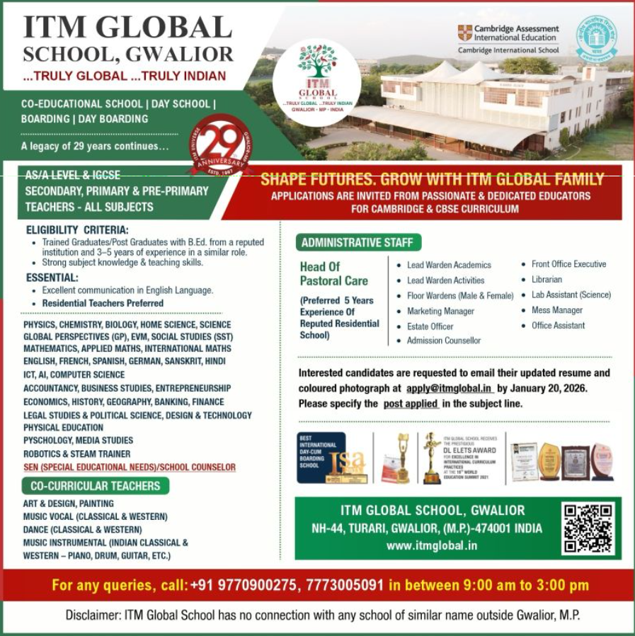 ITM Global School Gwalior Faculty Recruitment