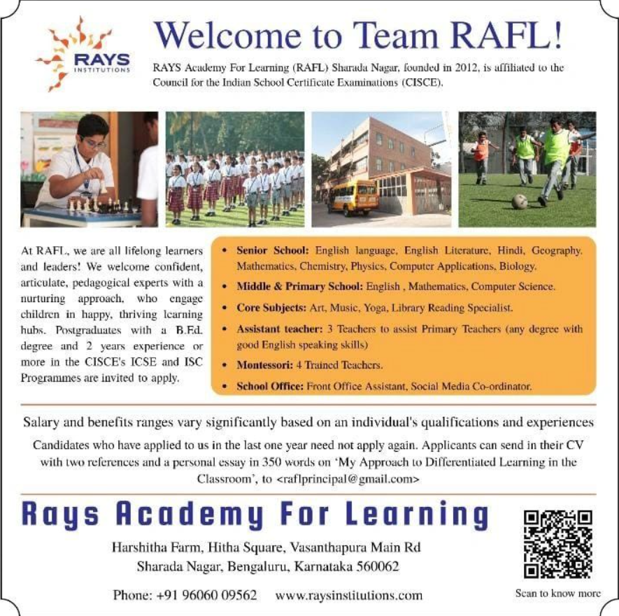 RAYS Academy for Learning Bengaluru Recruitment 2026