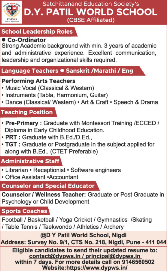 D Y Patil World School Nigdi Recruitment 2026
