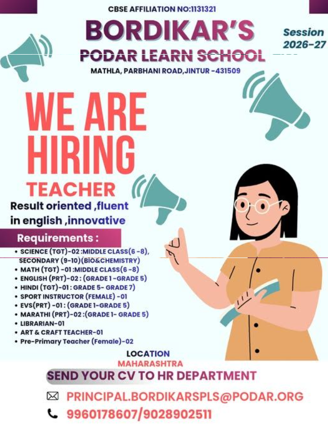 Bordikar Podar Learn School Jintur Recruitment 2026