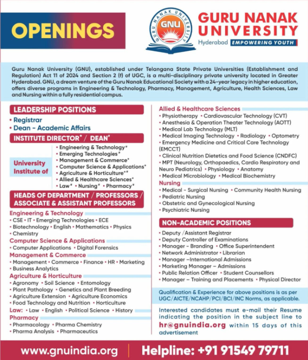 Guru Nanak University Recruitment 2026