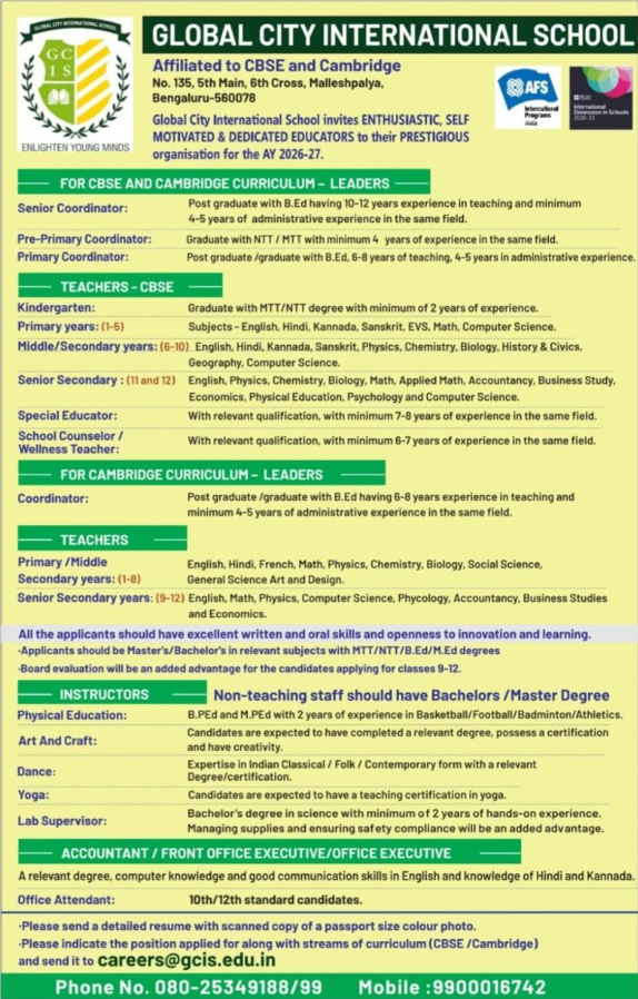 Global City International School Bengaluru Recruitment 2026