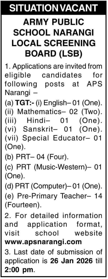 Army Public School Narangi Recruitment 2026