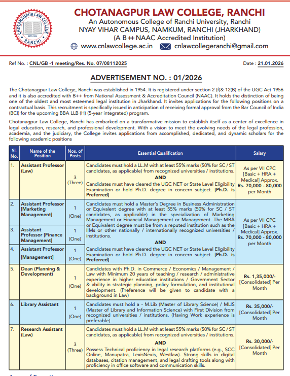 Teaching & Non-Teaching Job Vacancies at Chotanagpur Law College