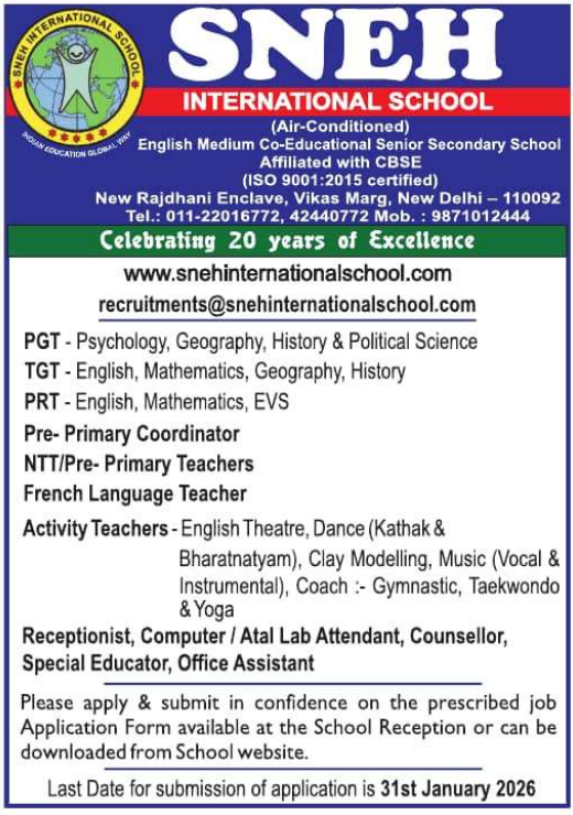 Teaching and Non-Teaching Jobs at SNEH International School