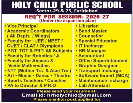Teaching and Non-Teaching Jobs at Holy Child Public School