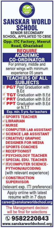 Teaching and Non-Teaching Jobs at Sanskar World School Ghaziabad