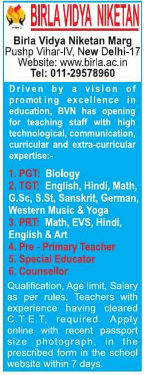 Teaching Jobs at Birla Vidya Niketan New Delhi