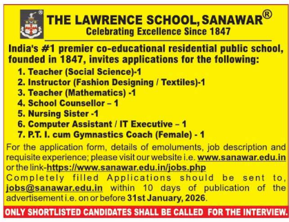 Teacher Jobs at The Lawrence School Sanawar