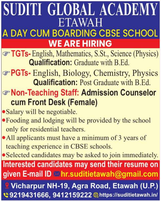 Teaching and Admission Counselor Jobs at Suditi Global Academy Etawah