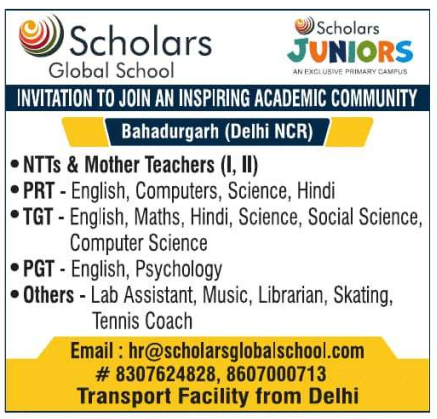 Scholars Global School Bahadurgarh Recruitment 2026