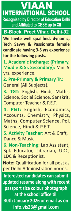 PRT TGT PGT Vacancies at Viaan International School Preet Vihar