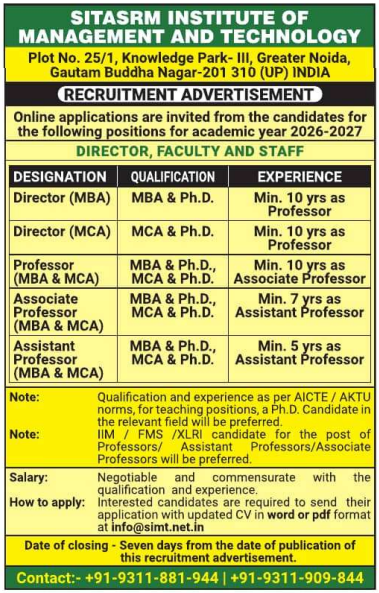 Professor and Assistant Professor Jobs at SITASRM Institute