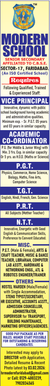 Modern School Faridabad Recruitment 2026
