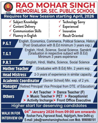 Rao Mohar Singh Memorial School Recruitment 2026