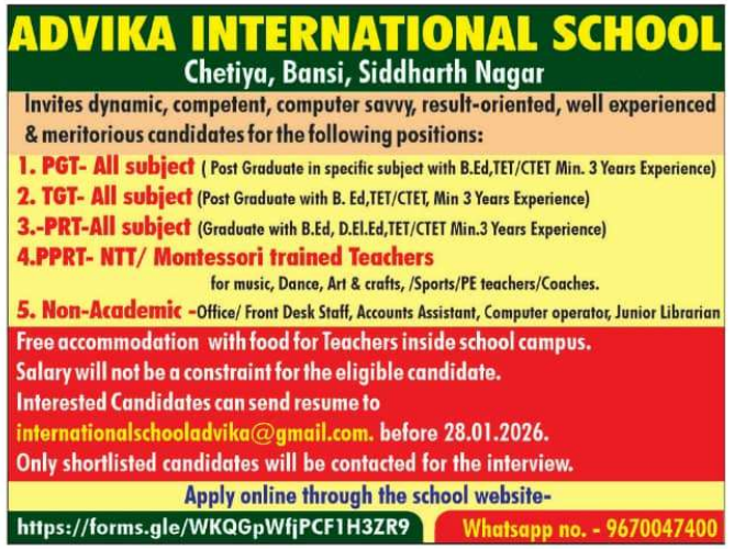 Advika International School Recruitment 2026