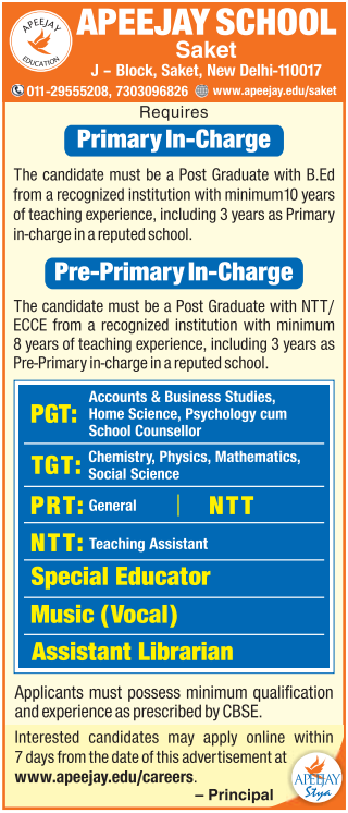 Apeejay School Saket Recruitment 2026