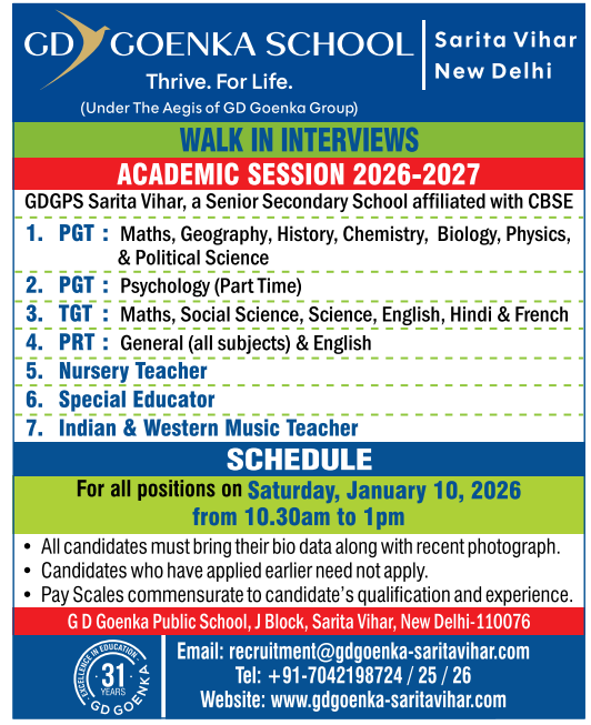 GD Goenka Public School Sarita Vihar Recruitment 2026