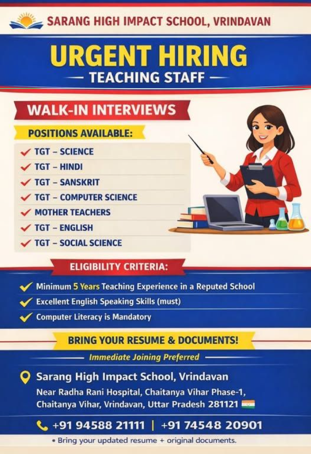 Sarang High Impact School Vrindavan Recruitment 2026