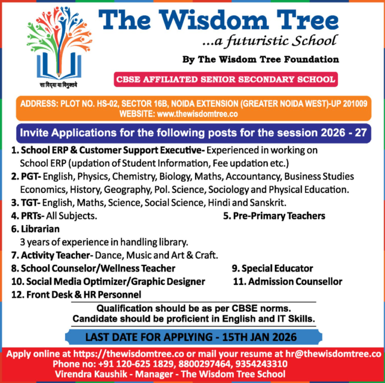 The Wisdom Tree School Greater Noida Recruitment 2026 | PGT, TGT, PRT ...