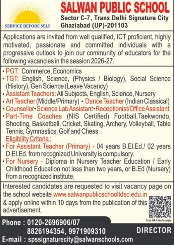 Salwan Public School Ghaziabad Recruitment 2026