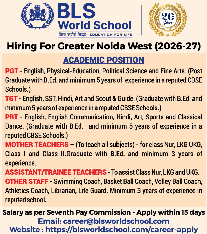 BLS World School Greater Noida West Recruitment 2026