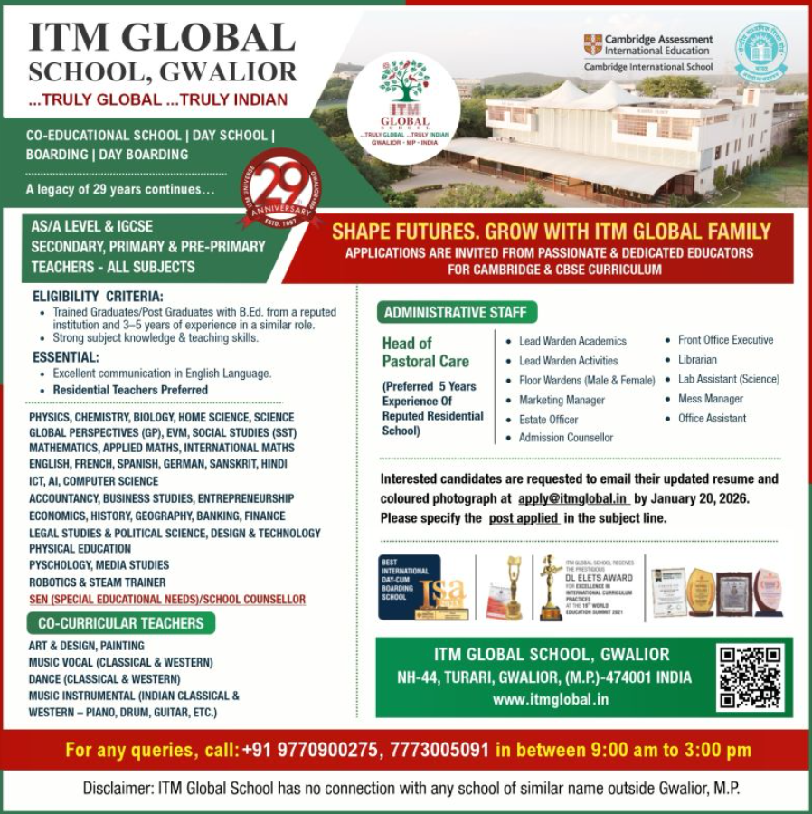 ITM Global School Gwalior Recruitment 2026