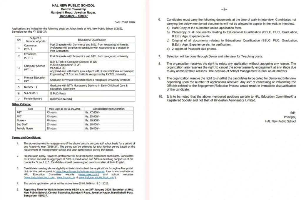 HAL New Public School Bangalore Recruitment 2026