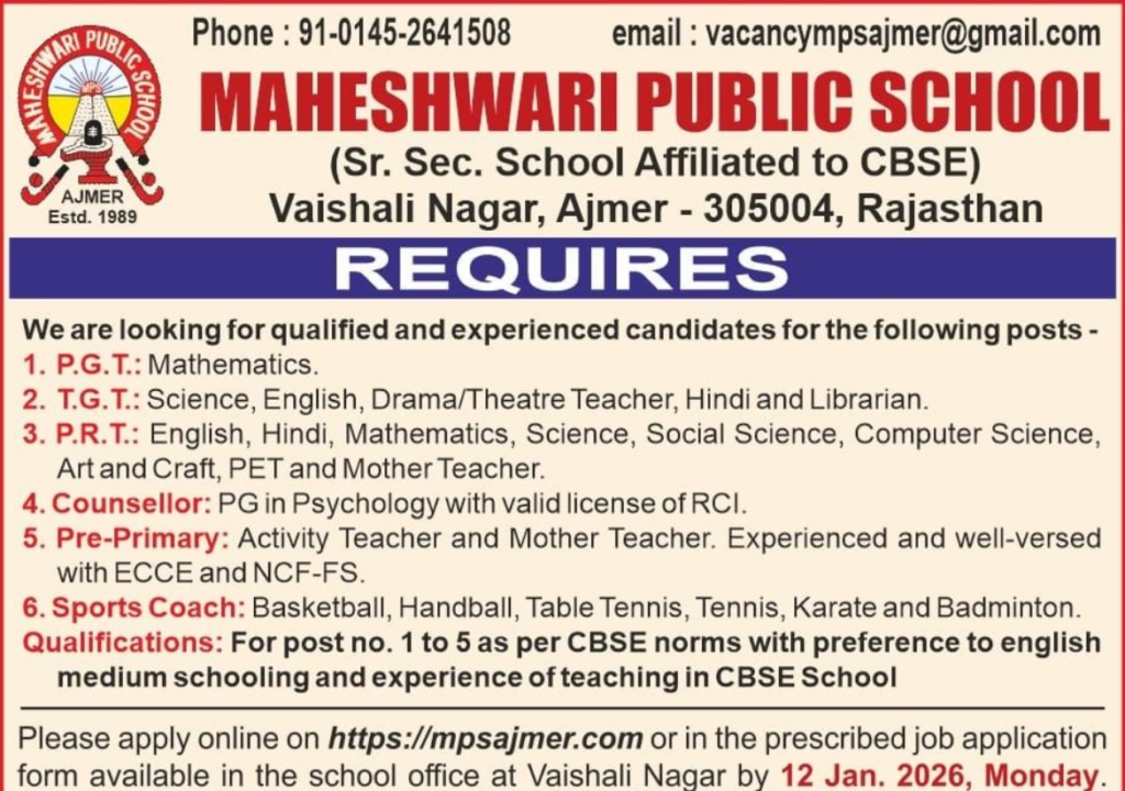 Maheshwari Public School Ajmer Recruitment 2026