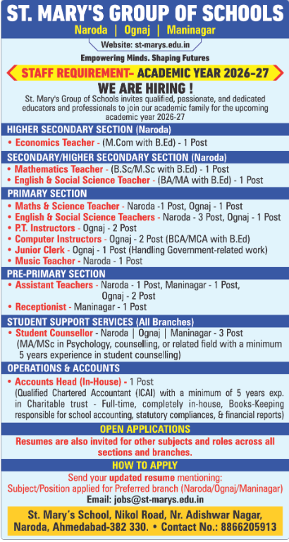 St. Marys Group of Schools Gujarat Recruitment 2026