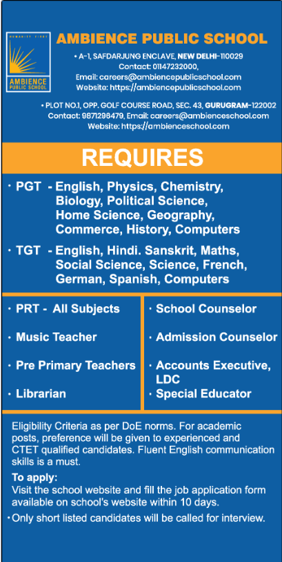 Ambience Public School Recruitment 2026