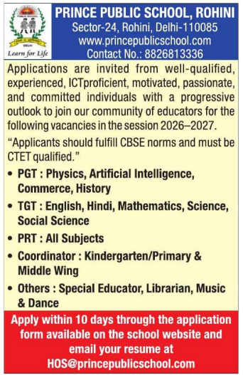 Prince Public School Rohini Recruitment 2026