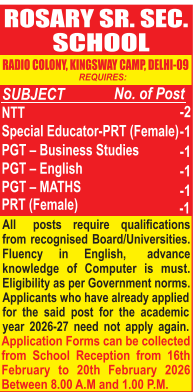 Rosary Sr Sec School Delhi Recruitment 2026
