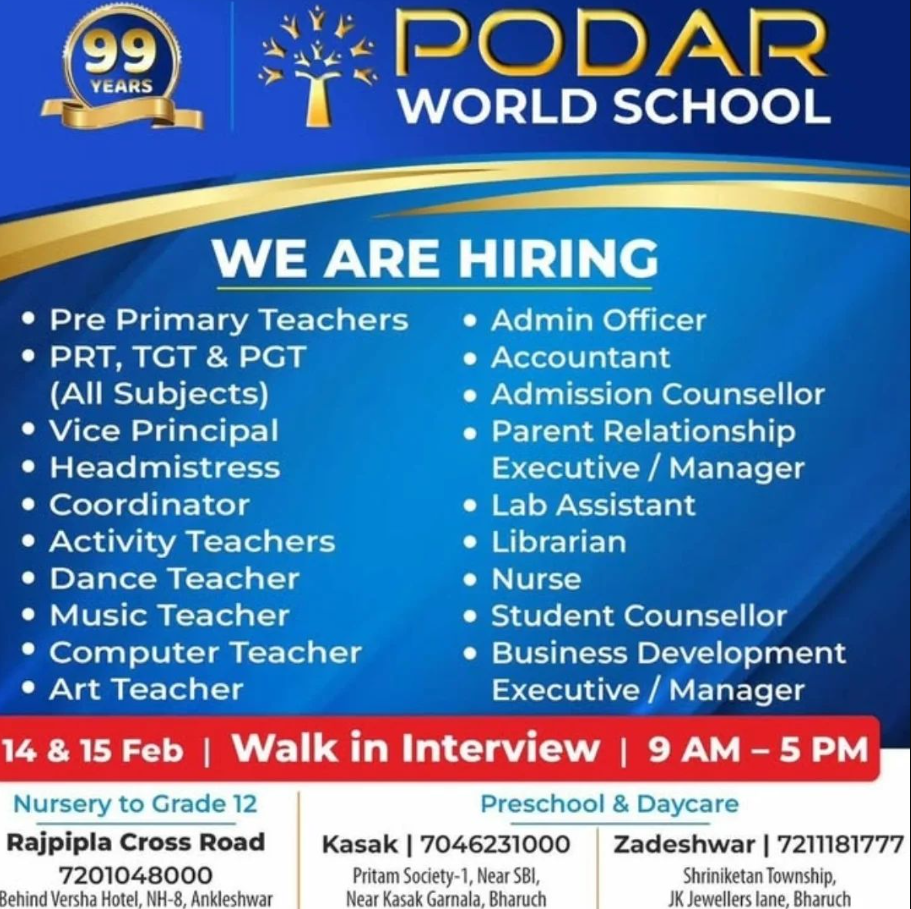 Podar World School Gujarat Recruitment 2026