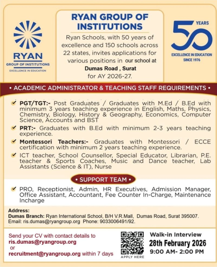 Ryan International School Surat Recruitment 2026