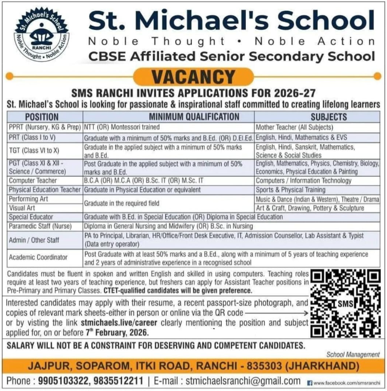 St. Michael School Ranchi Recruitment 2026