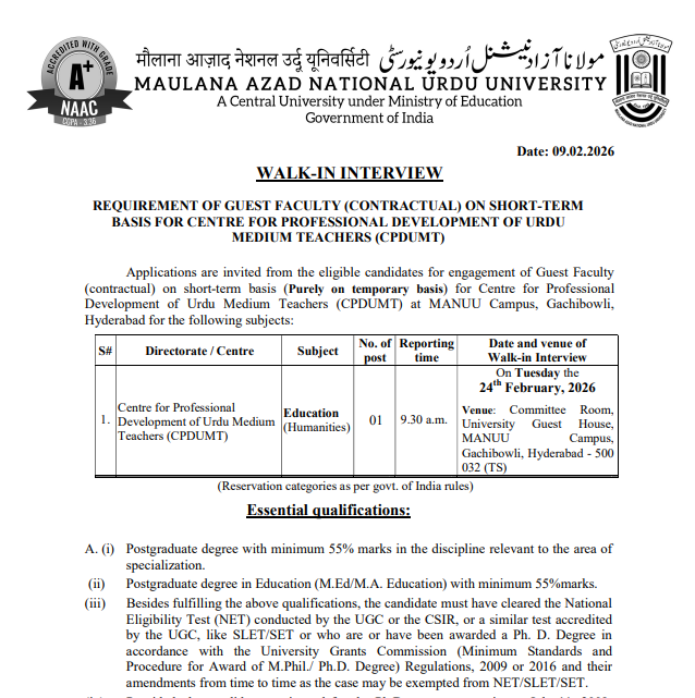 Maulana Azad National Urdu University Hyderabad Guest Faculty Recruitment 2026